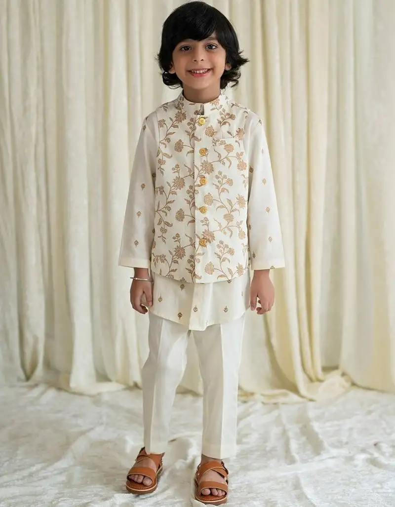 Cream embroidered cotton nehru jacket set