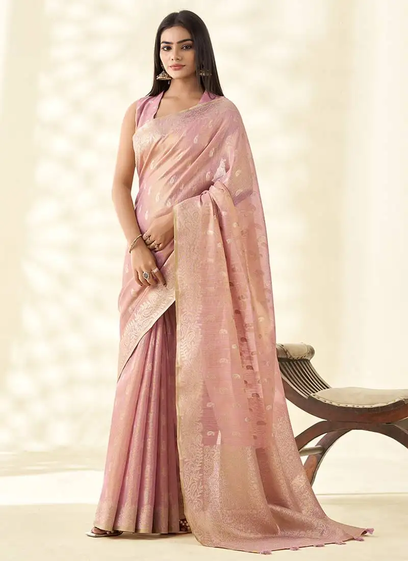 Baby pink woven linen tissue silk saree