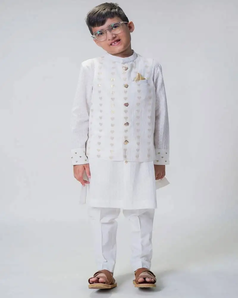 White embroidered cotton nehru jacket set