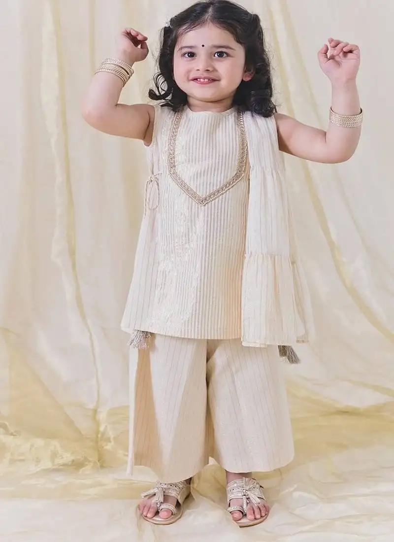 Cream plain cotton kurta set