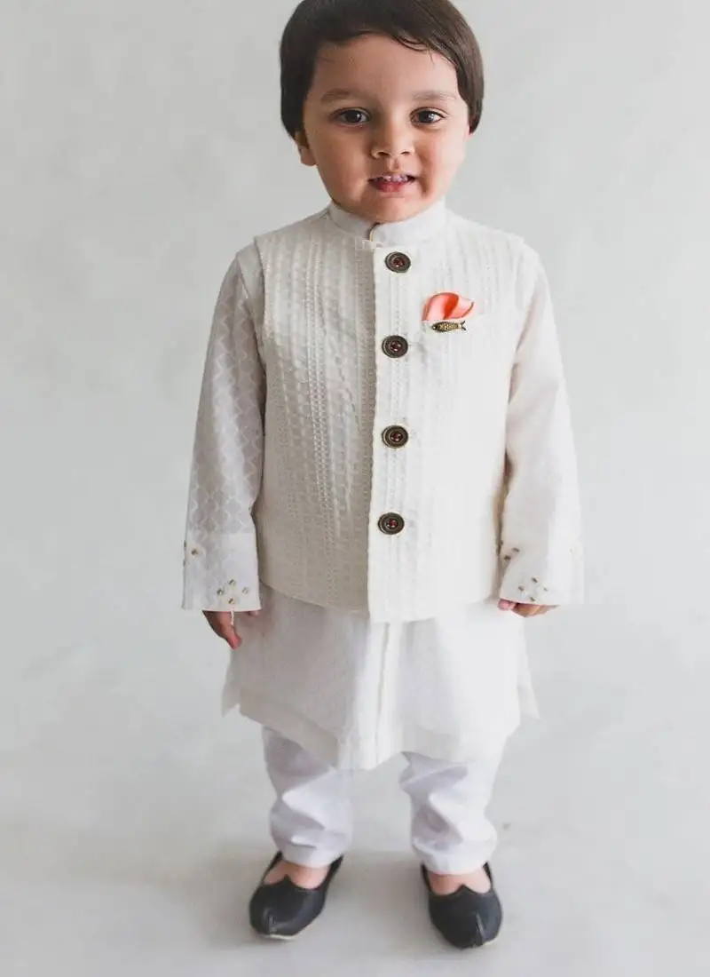 White plain cotton nehru jacket set
