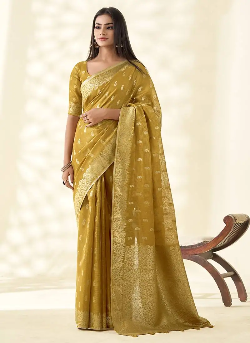 Mustard woven linen tissue silk saree