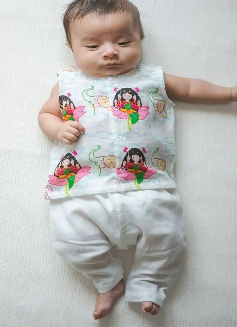 White printed cotton jhabla set