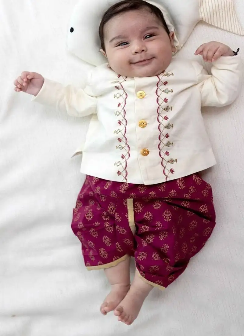 Cream embroidered cotton bandhgala set