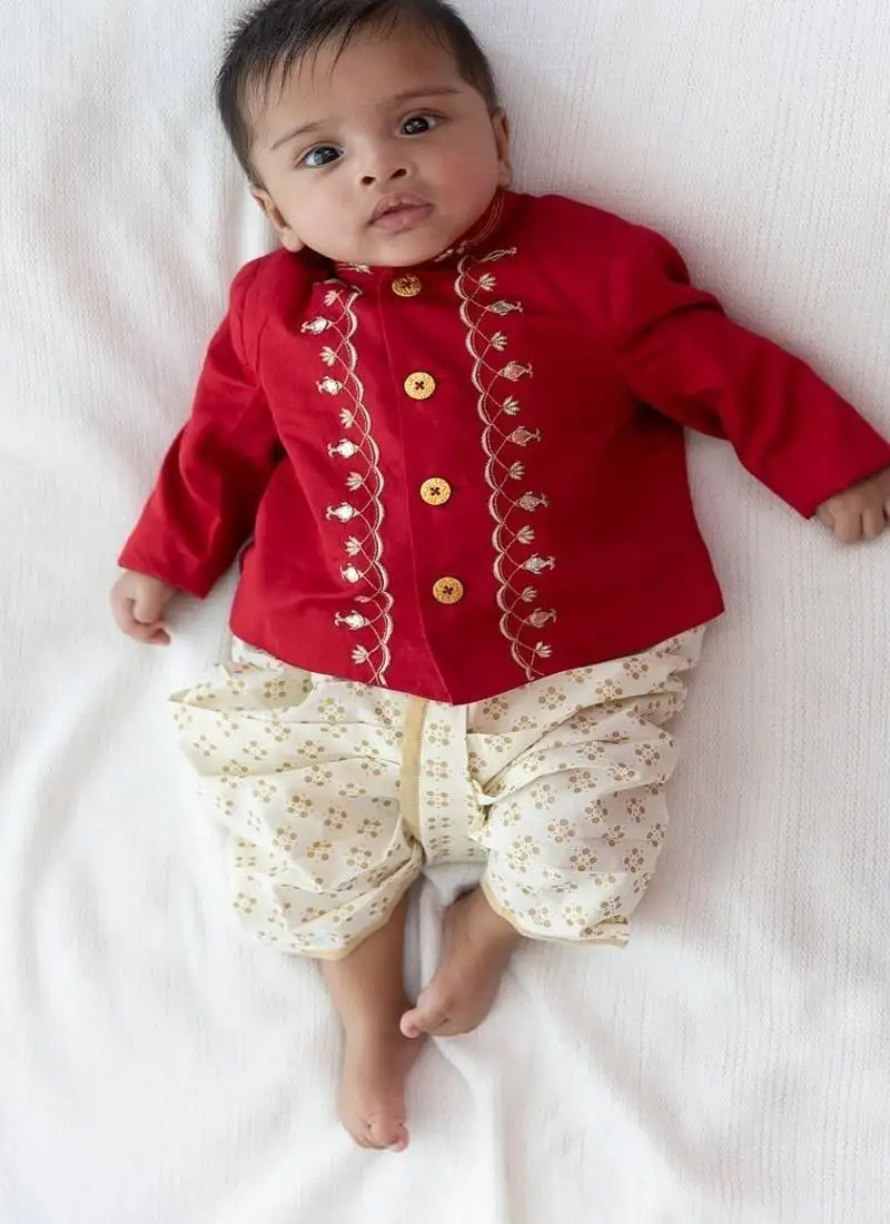 Red embroidered cotton bandhgala set