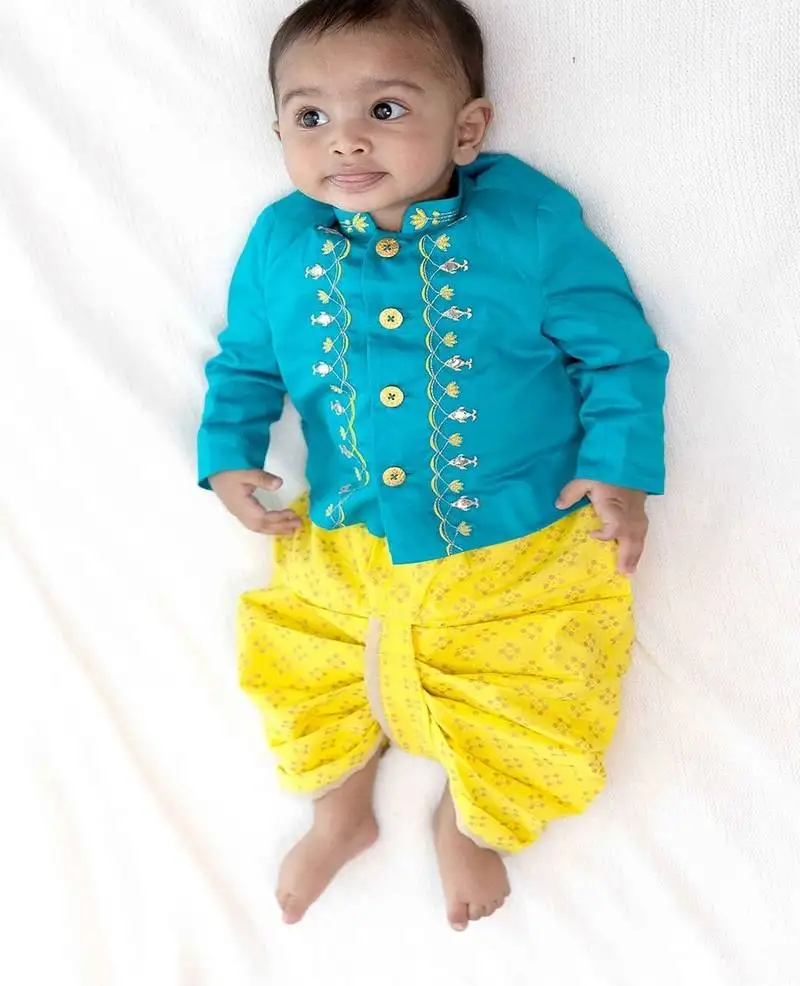 Blue embroidered cotton bandhgala set