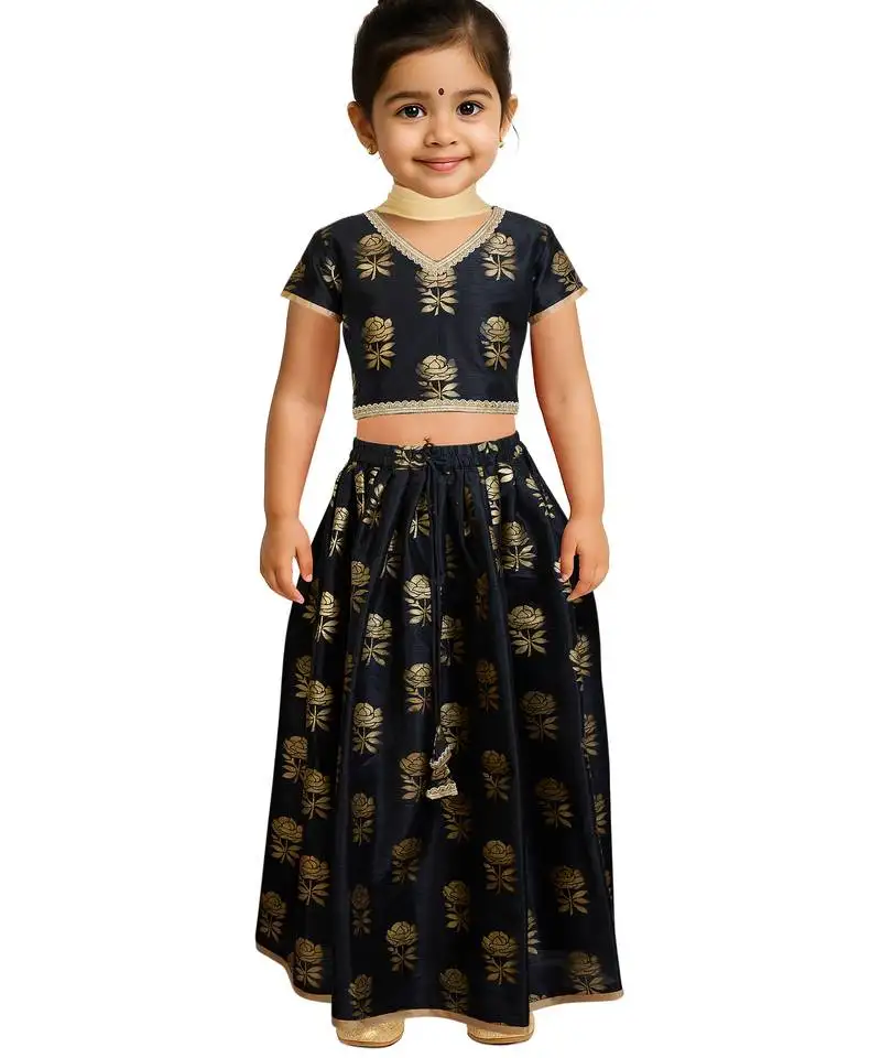 Girls black dupion silk lehenga set - rose gold foil print traditional outfit