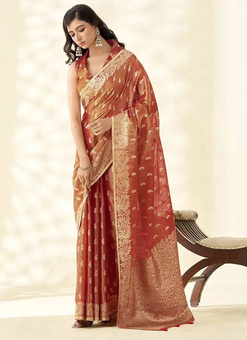 Dark orange woven linen tissue silk saree
