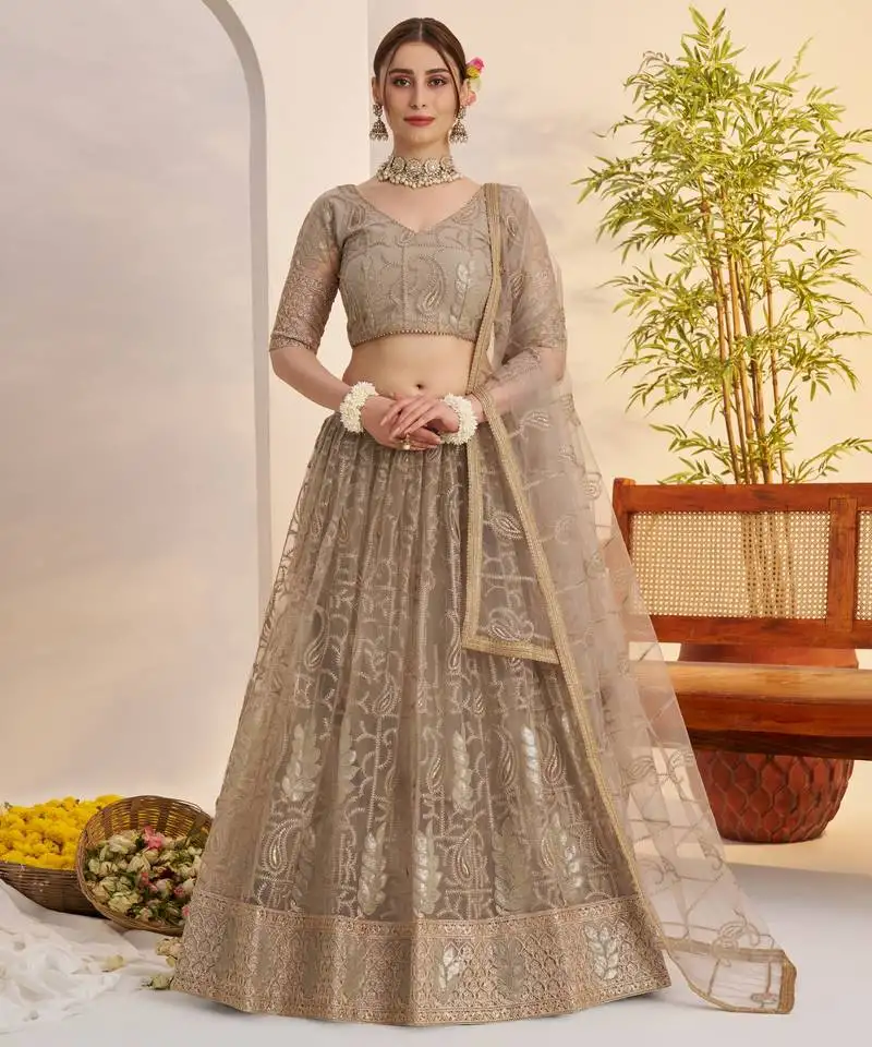 Metallic gray butterfly net thread & sequence embroidery lehenga choli with dupatta and blouse