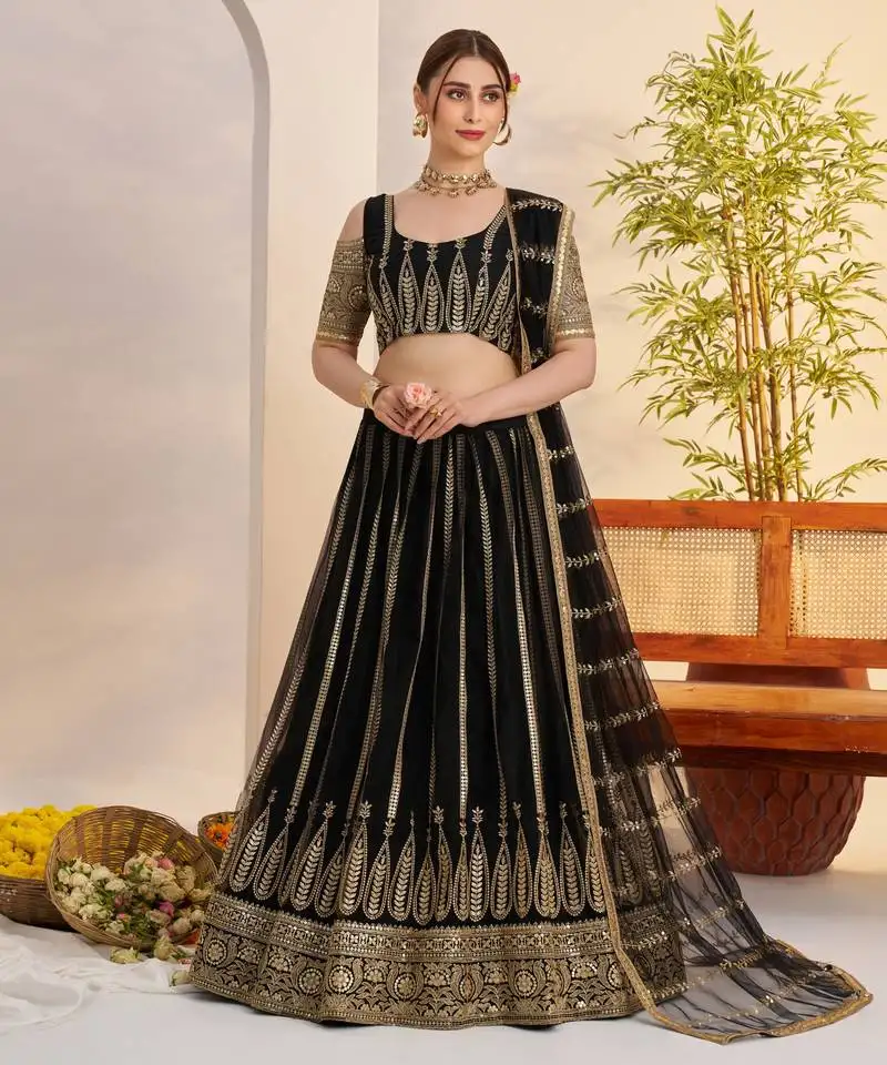 Black butterfly net thread & sequence embroidery work lehenga choli with dupatta and blouse