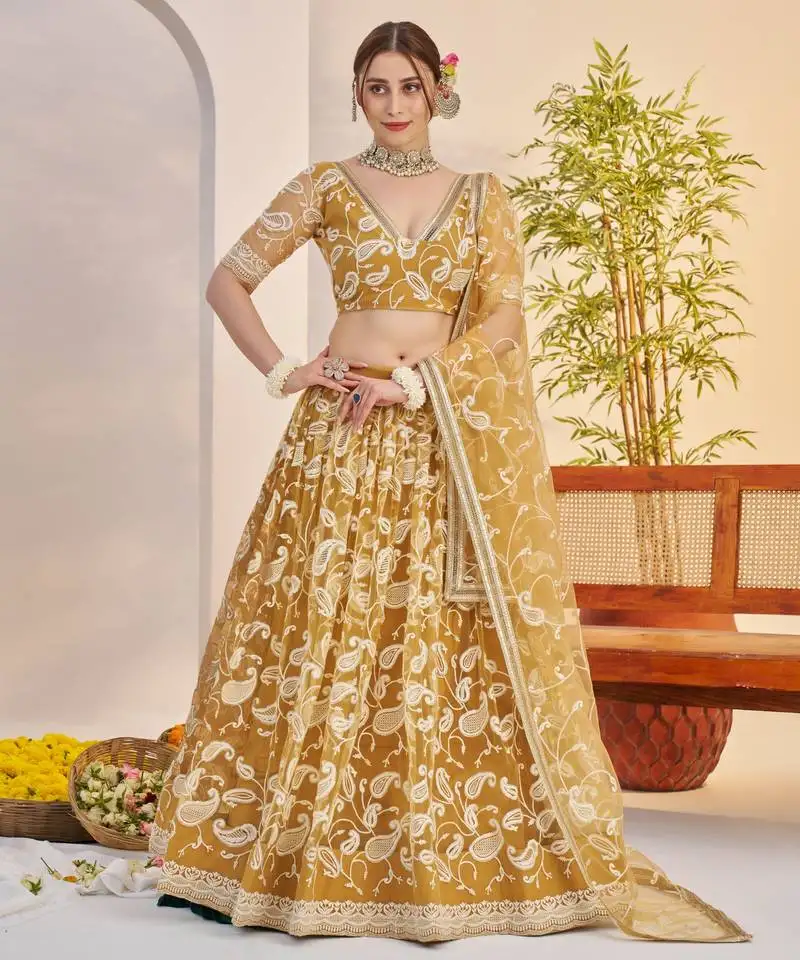 Light golden butterfly net thread & sequence embroidered lehenga choli with dupatta and blouse