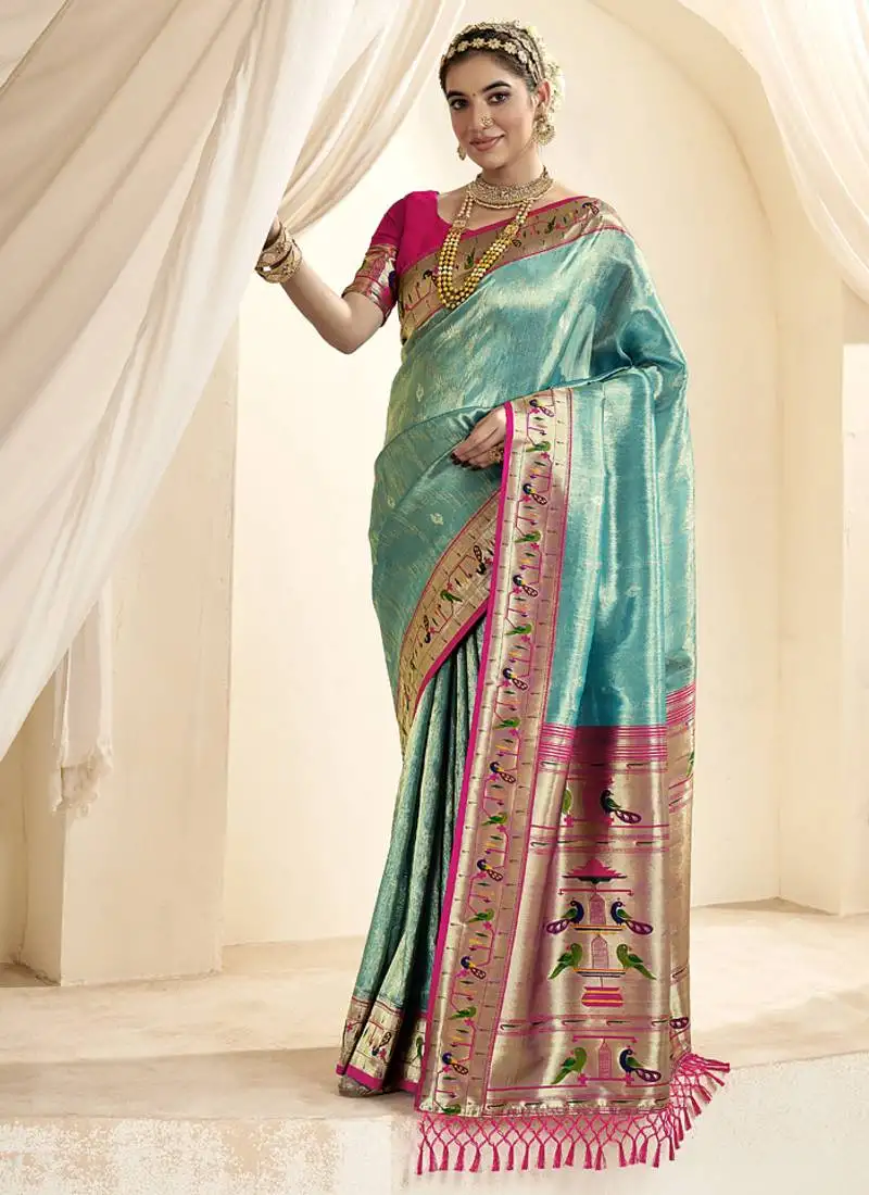 Sky blue & pink paithani silk blend zari weaving with tussel wedding wear saree