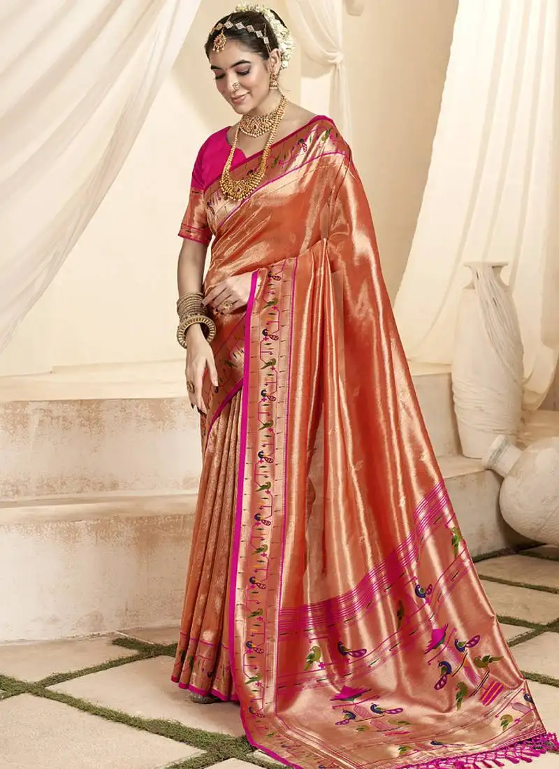 Peach & pink paithani silk blend zari weaving with tussel wedding wear saree
