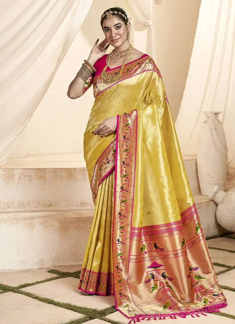 Cream & pink paithani silk blend zari weaving with tussel wedding wear saree