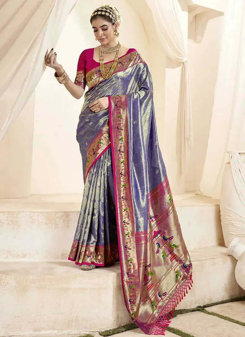 Lavender & pink paithani silk blend zari weaving with tussel wedding wear saree