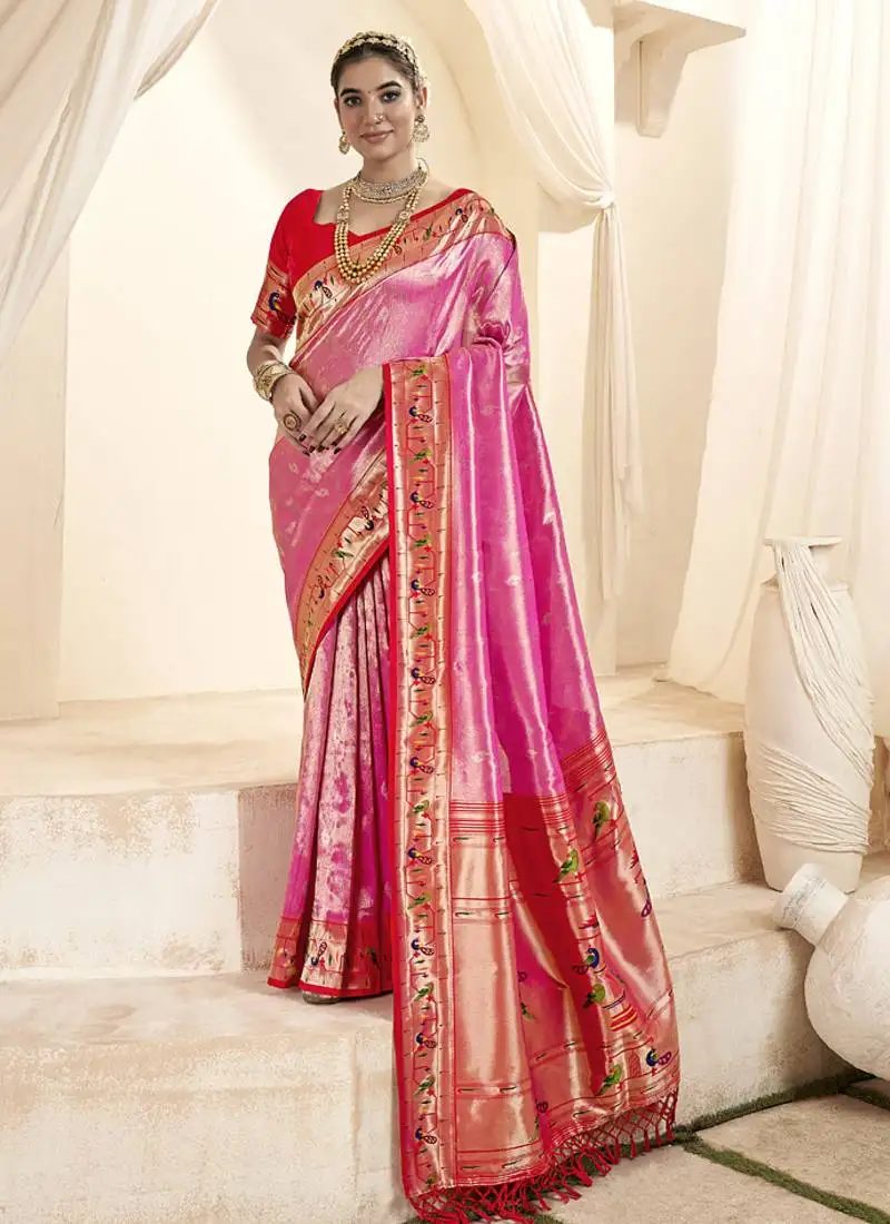 Pink & red tissue paithani silk blend zari weaving with tussel wedding wear saree