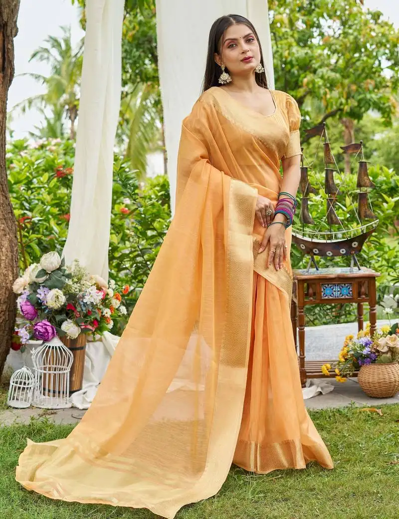 Orange linen saree with unstiched blouse