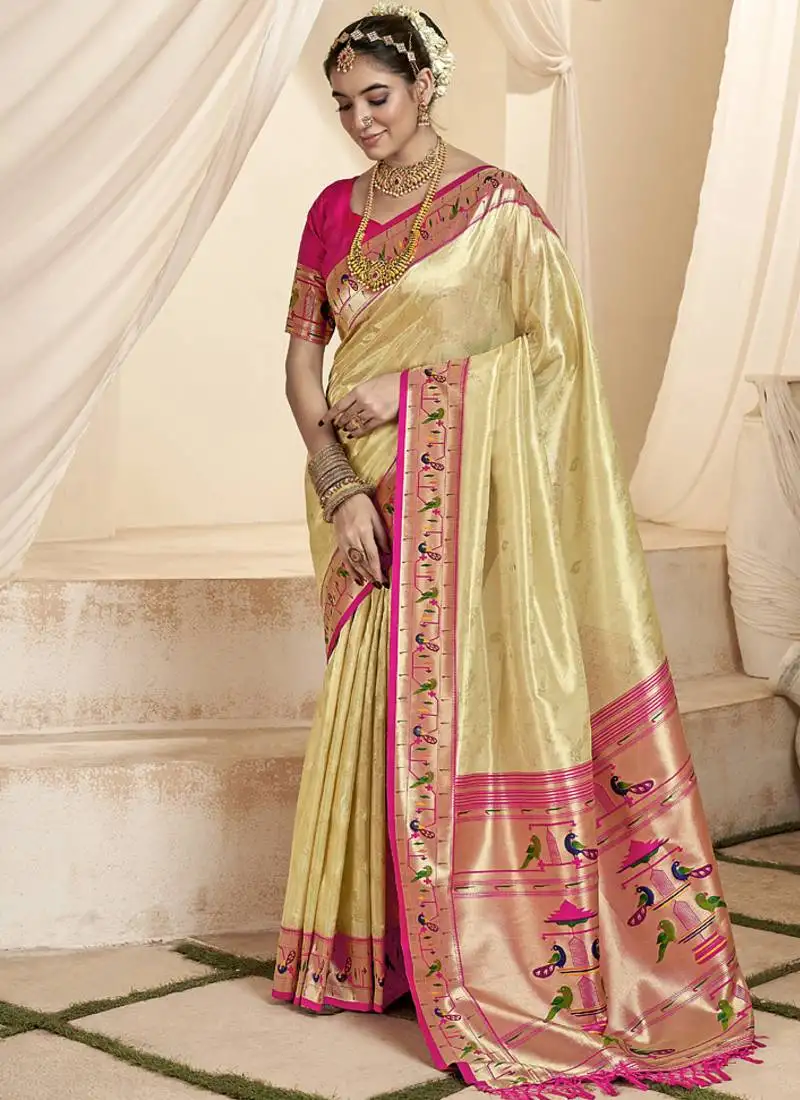 Baige & pink tissue paithani silk blend zari weaving with tussel wedding wear saree