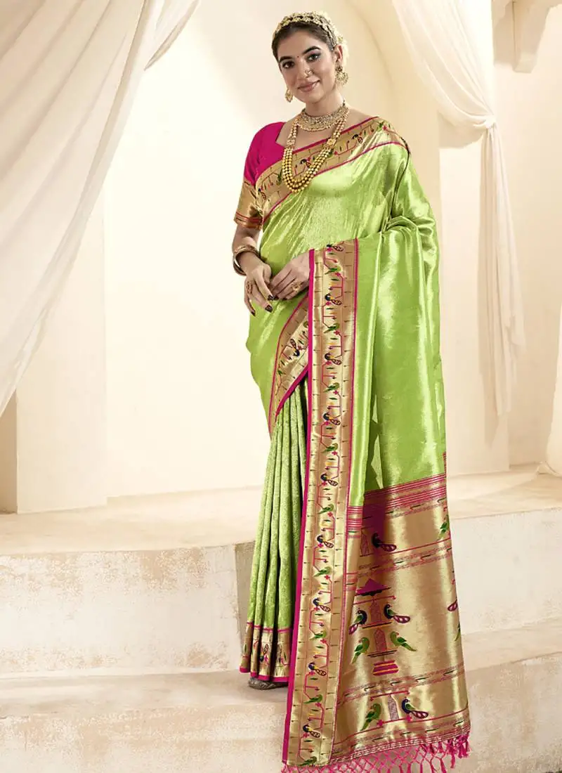 Parrot green & pink tissue paithani silk blend zari weaving with tussel wedding wear saree
