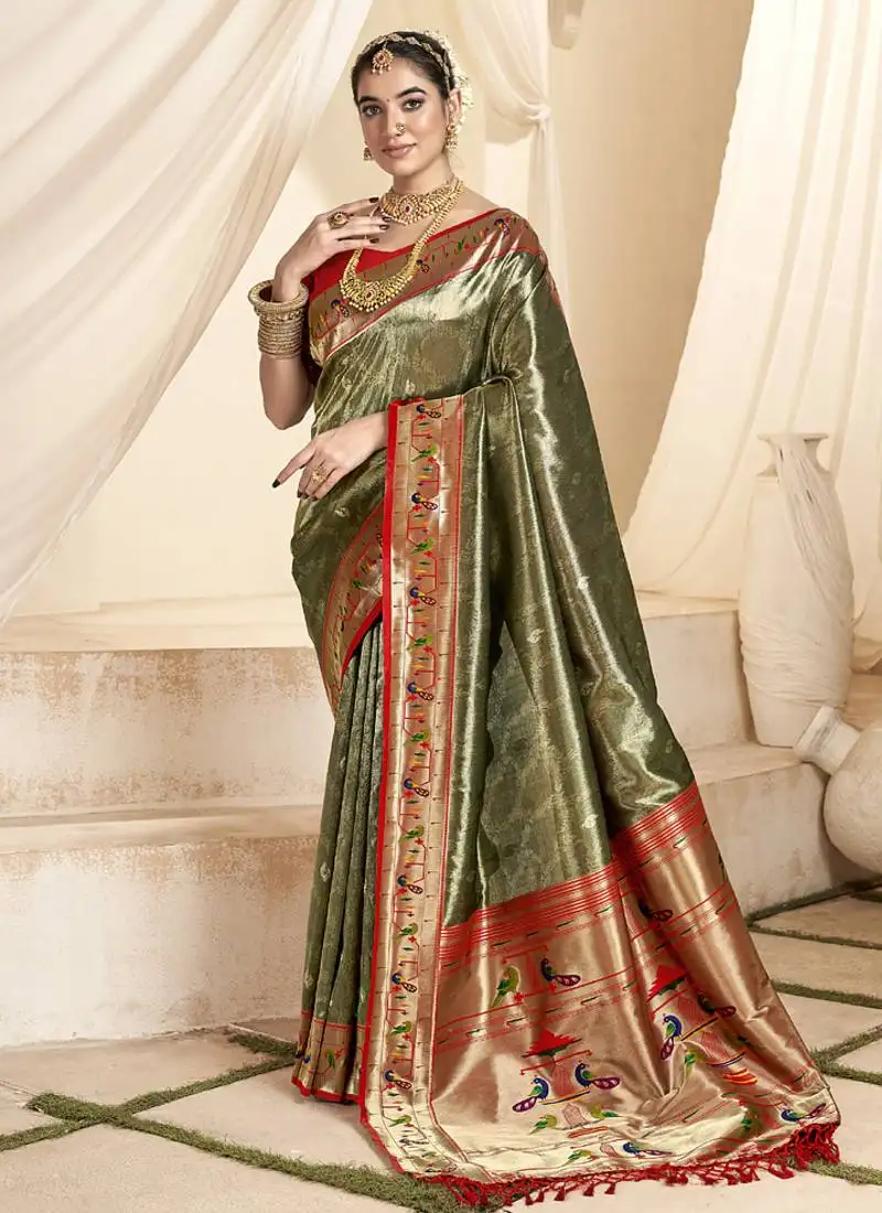 Olive & red tissue paithani silk blend zari weaving with tussel wedding wear saree
