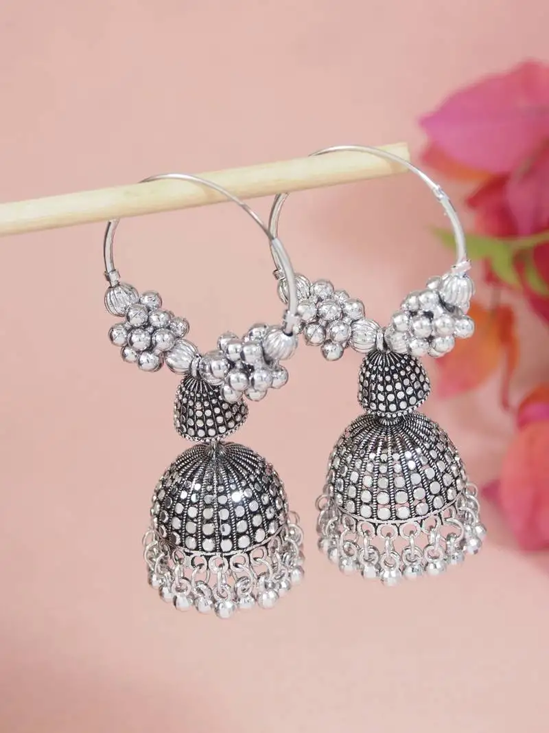 Ethnic silver oxidizedboho jhumka earrings for women