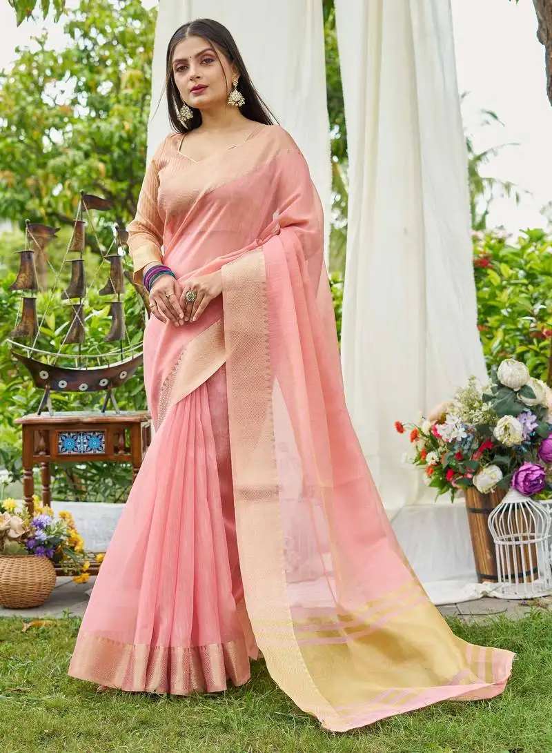 Pink linen saree with unstiched blouse