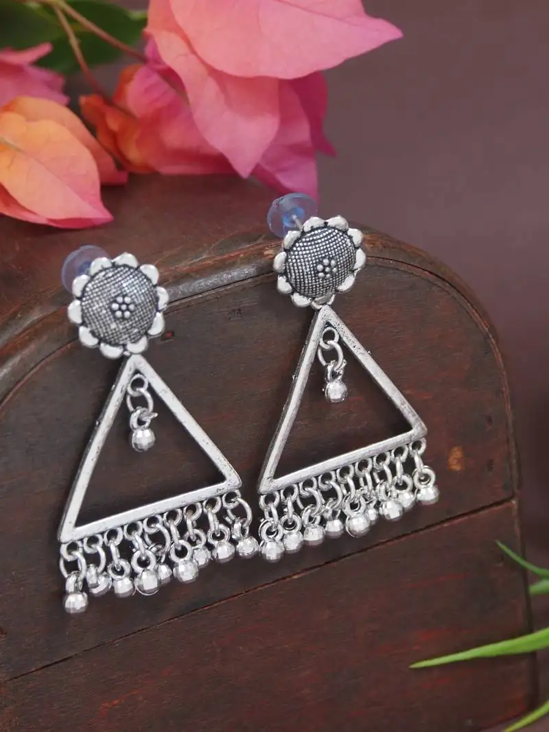 Ethnic silver oxidizedtriangle shaped dangle earrings for women