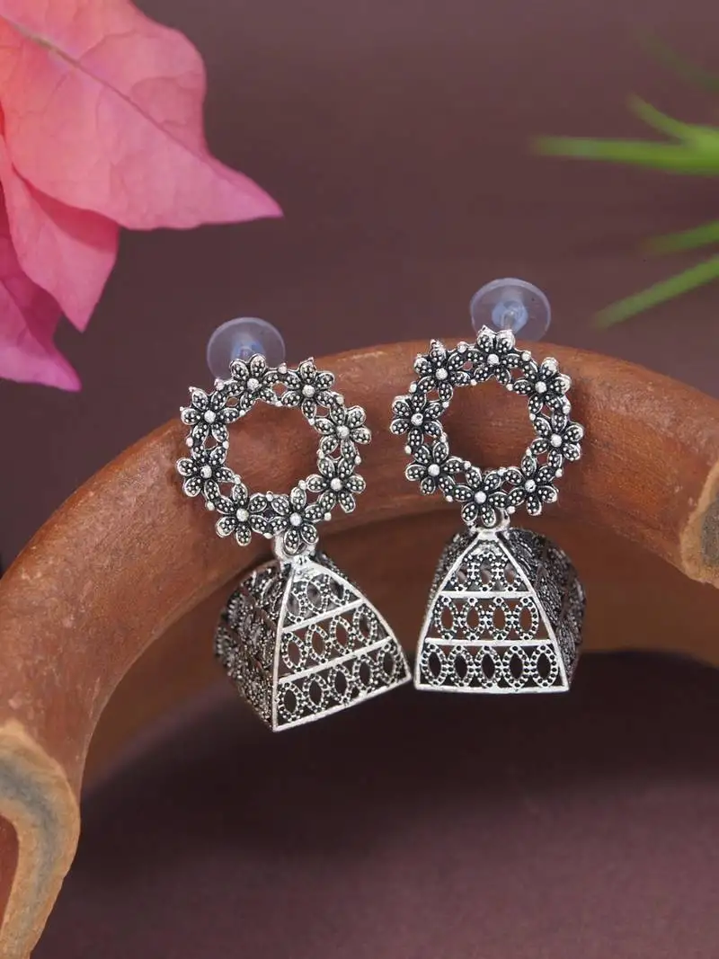 Ethnic silver oxidizedstyle dangle jhumka earrings for women