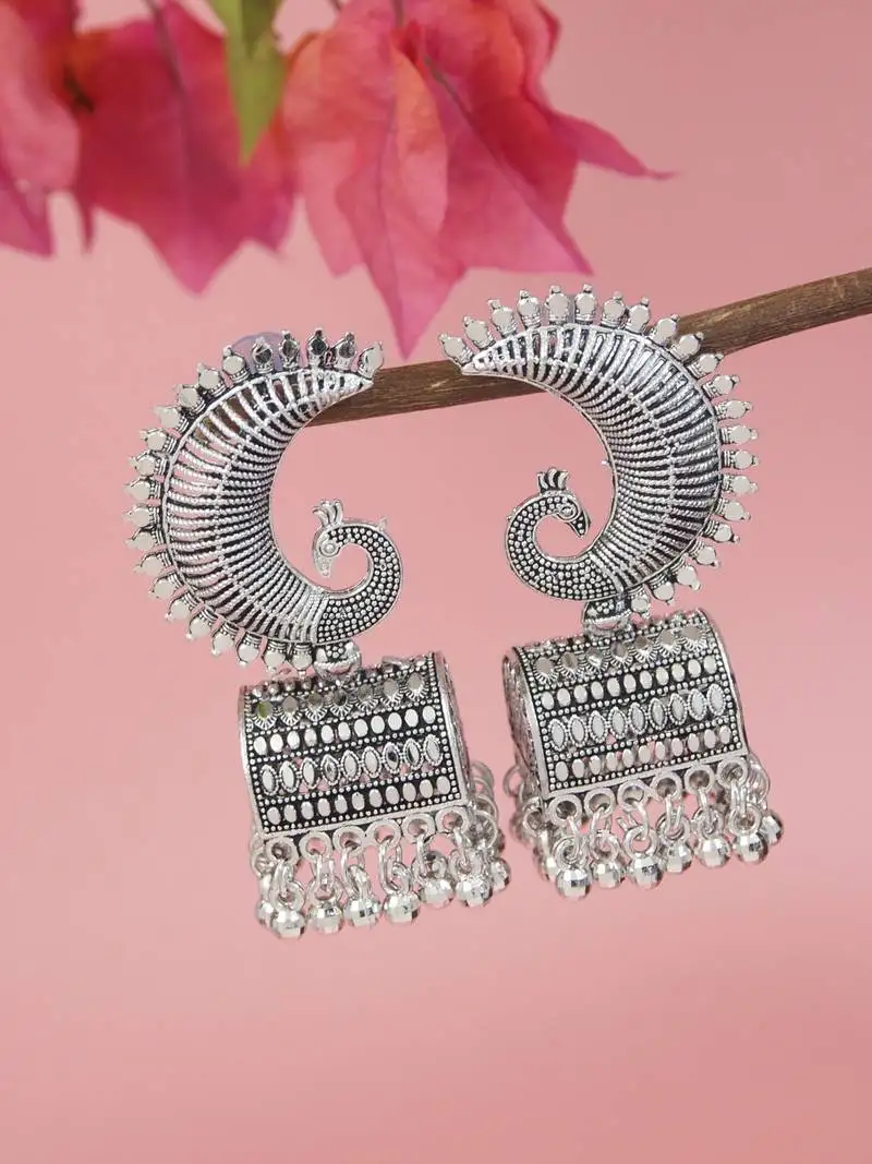 Ethnic silver oxidizedpeacock jhumka earrings for women