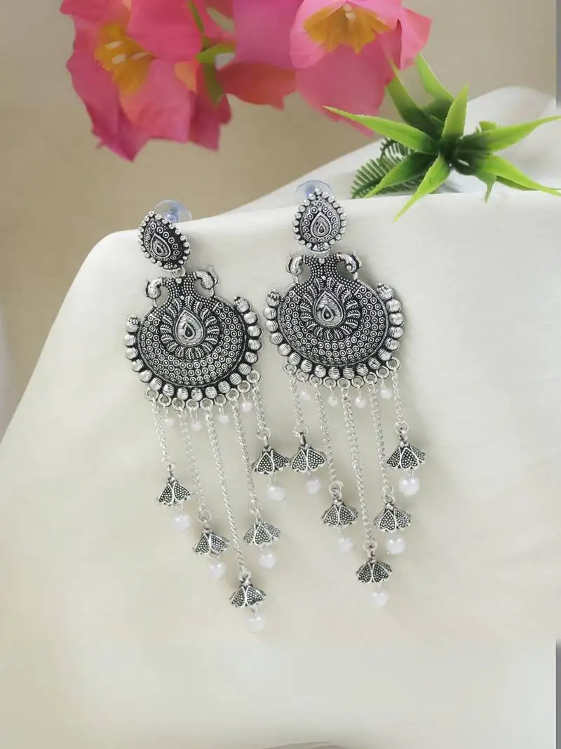 Ethnic silver oxidizedstyle dangle jhumka earrings for women (e3319ox)