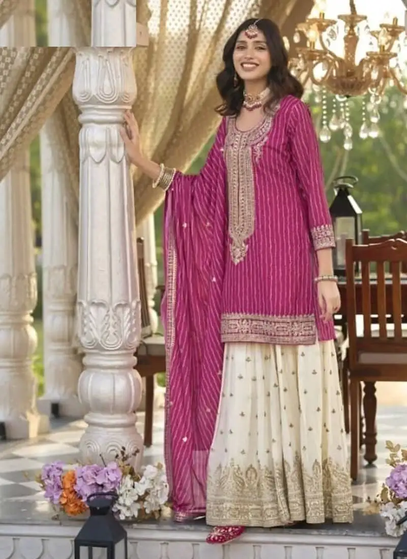 Pink chinon silk full stitched free size upto 42 wedding suits