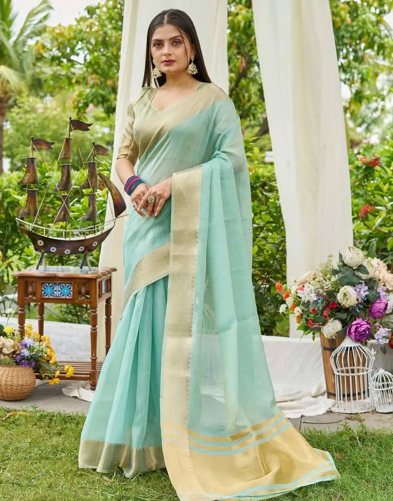 Sky linen saree with unstiched blouse