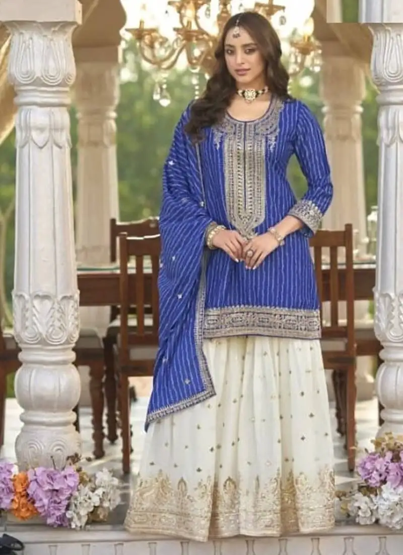 Blue chinon silk full stitched free size upto 42 wedding suits