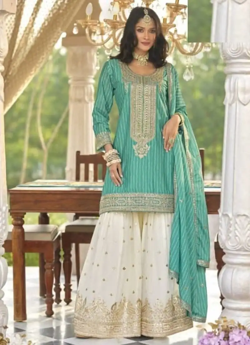 Aqua blue heavy chinon jacquars silk full stitched free size upto 44palazzo suits