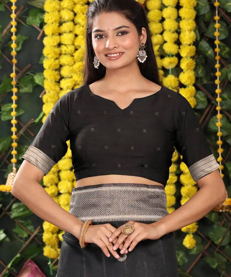 Black printed linen cotton sarees with unsitch blouse