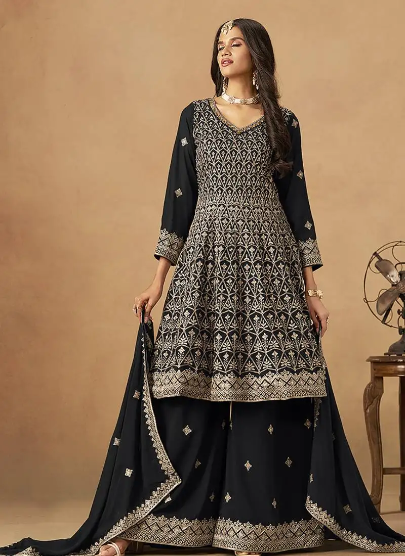 Black embroidered faux georgette trendy palazzo salwar kameez semi stitched