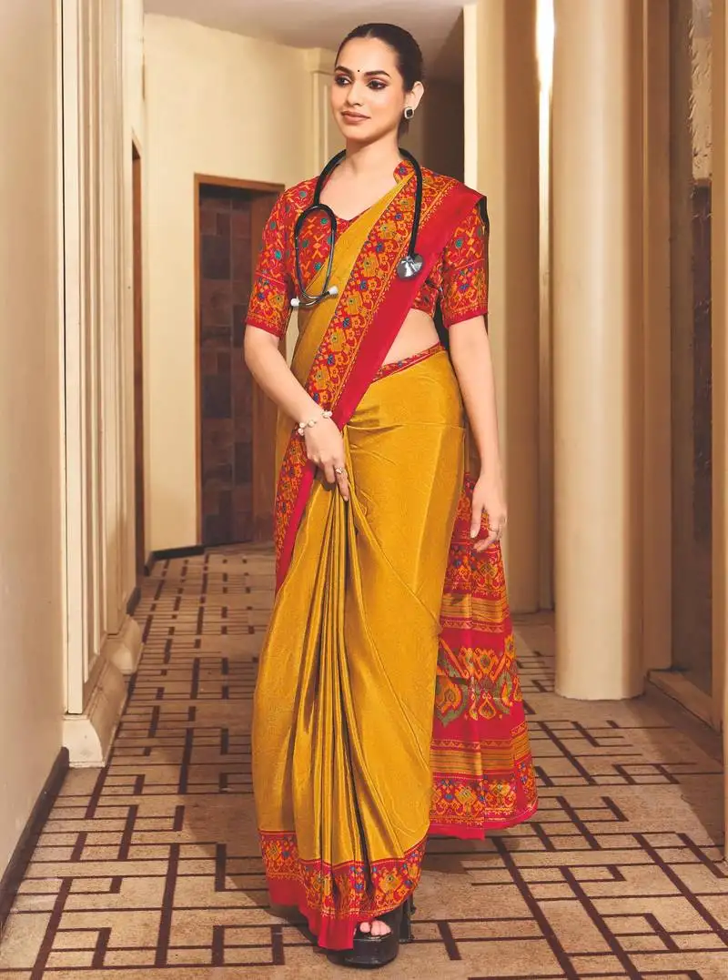 Yellow crepe silk printed saree with unstitched blouse