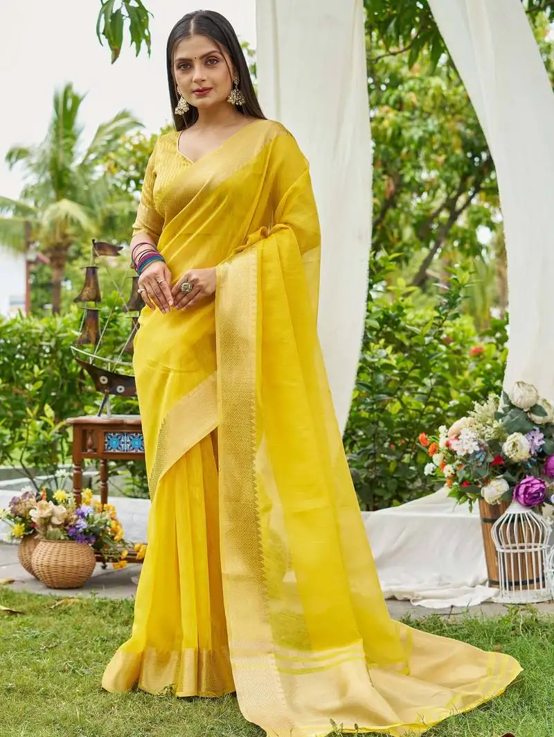 Yellow linen saree with unstiched blouse