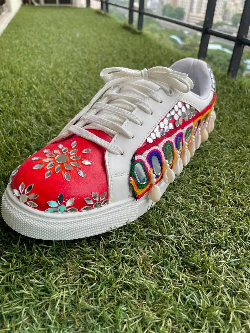 Red mirror embroidered leather sneaker