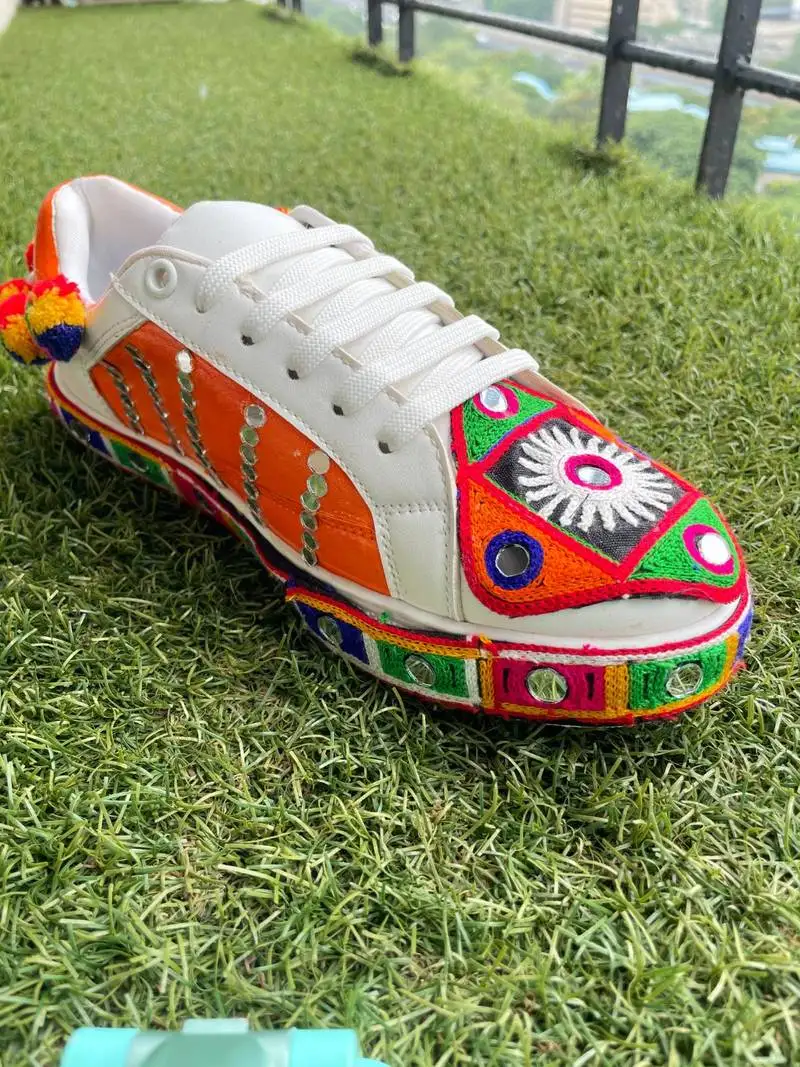 Orange mirror embroidered leather sneaker