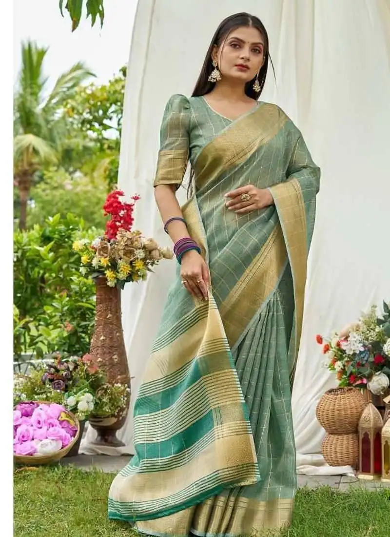 Firozi tissue saree with unstiched blouse