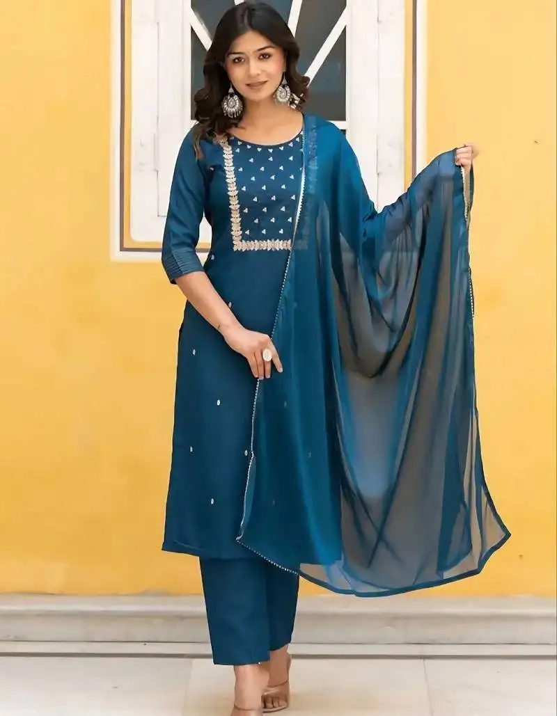 Wine lady stylish designer rayon spun slub fabric embroidery work kurta set with nazmin fabric dupatta