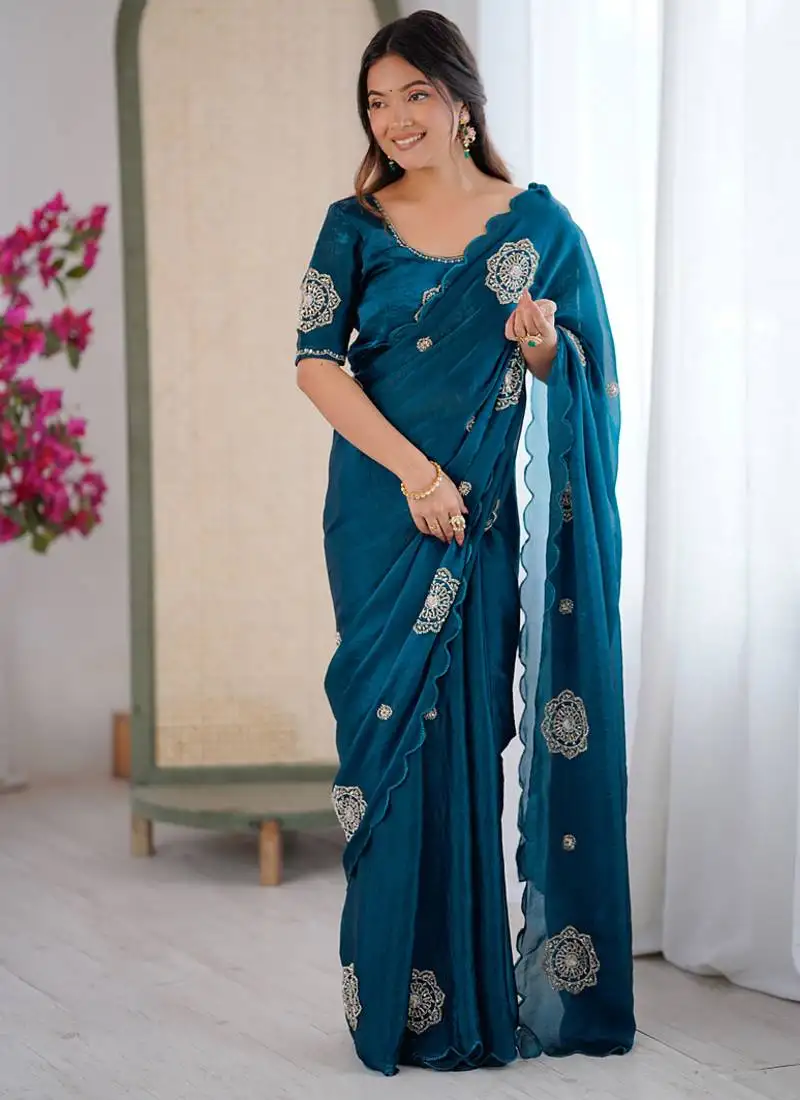 Designer teal heavy fendy satin with beads embroidered work saree with unstitched blouse