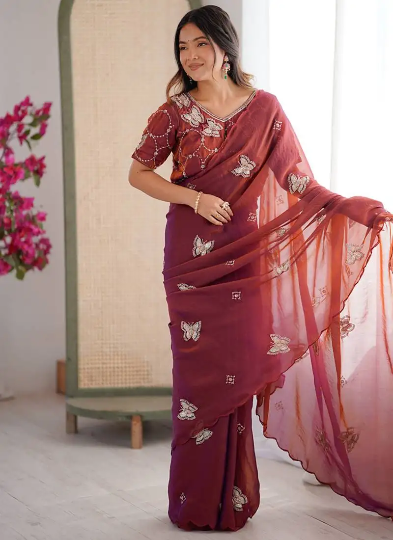Rust mos silk with handwork butterfly design saree with unstitched blouse