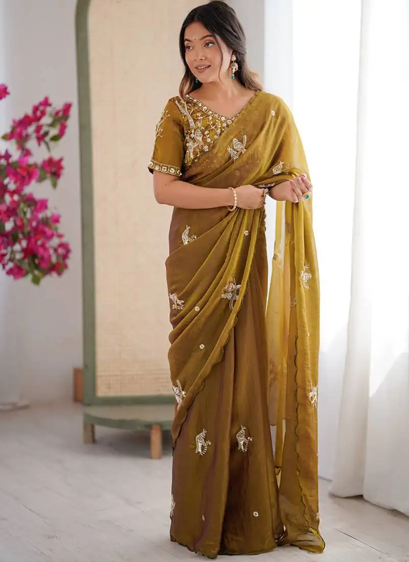 Mehendi mos silk with handwork butterfly design saree with unstitched blouse