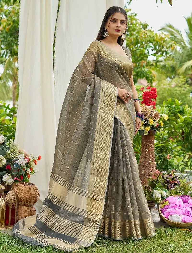 Grey tissue saree with unstiched blouse