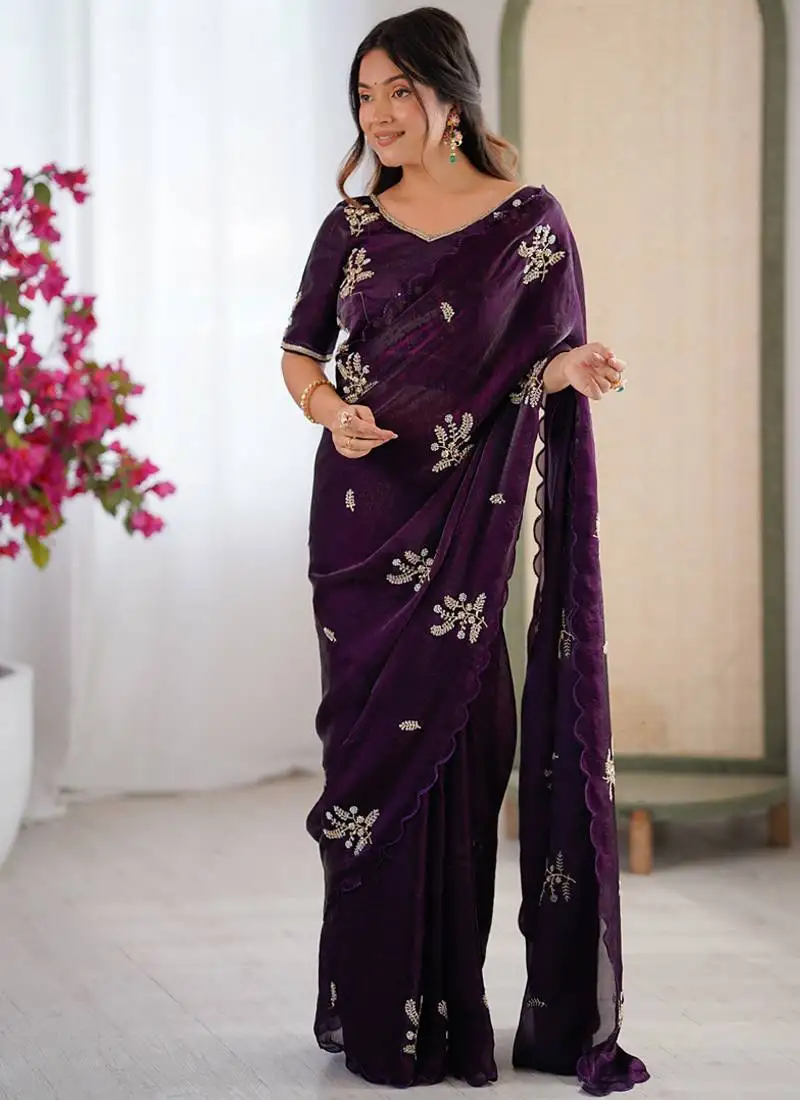 Designer wine heavy fendy satin with beads embroidered work saree with unstitched blouse