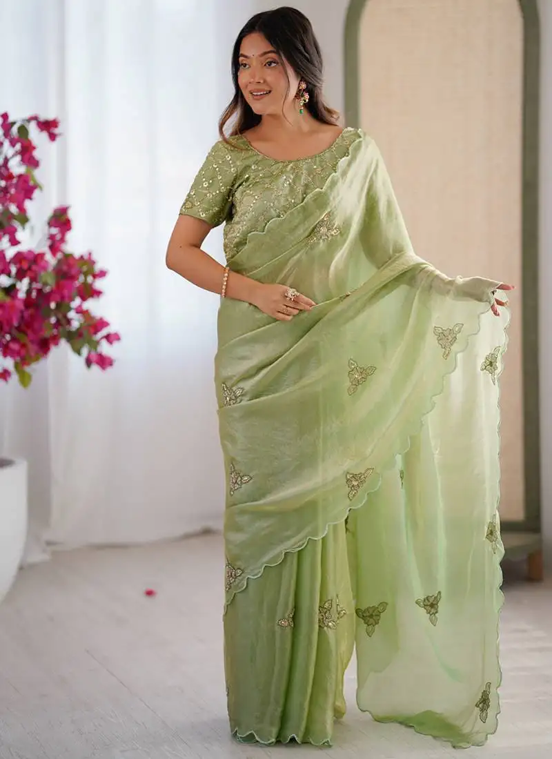 Designer pista heavy fendy satin with beads embroidered work saree with unstitched blouse
