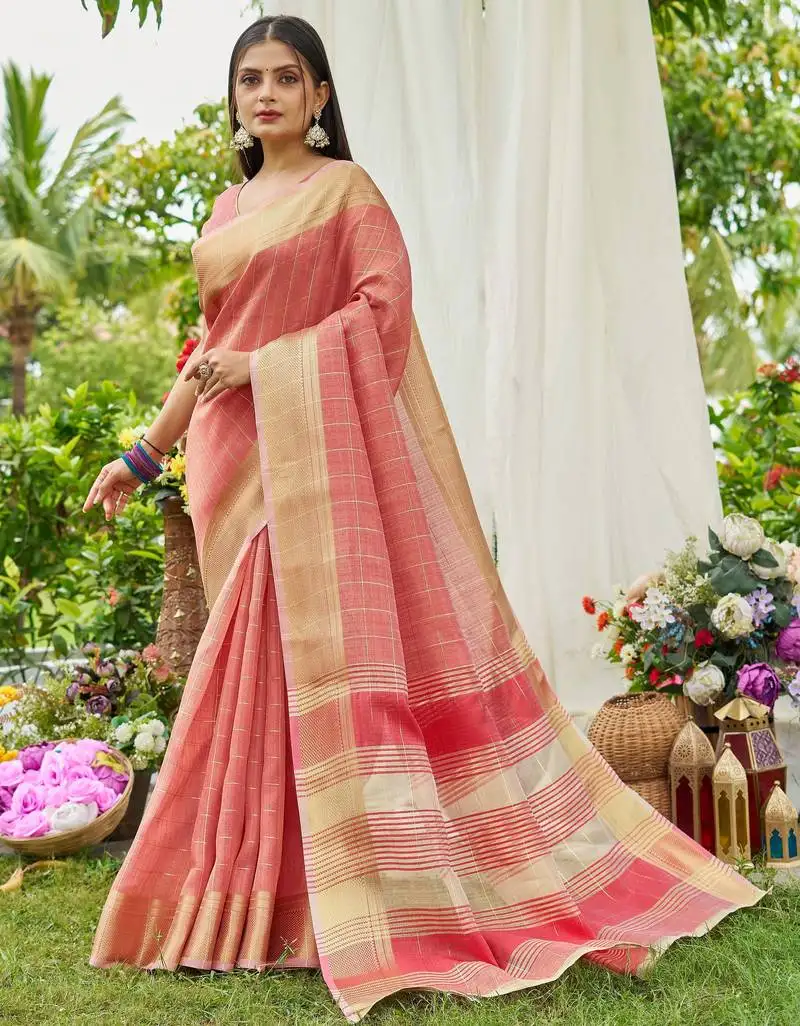 Peach tissue saree with unstiched blouse