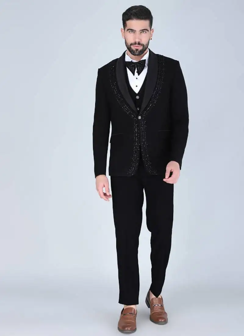 Black 5 pc embroidered designer tuxedo suit for men